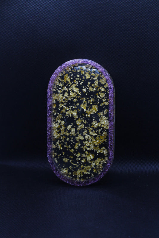 Vide poches ovale violet à paillettes et transparent avec feuilles d'or
